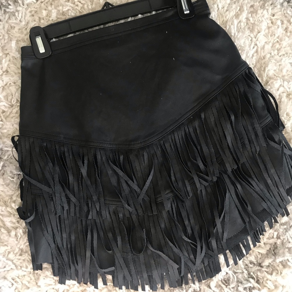 Black faux leather fringe skirt